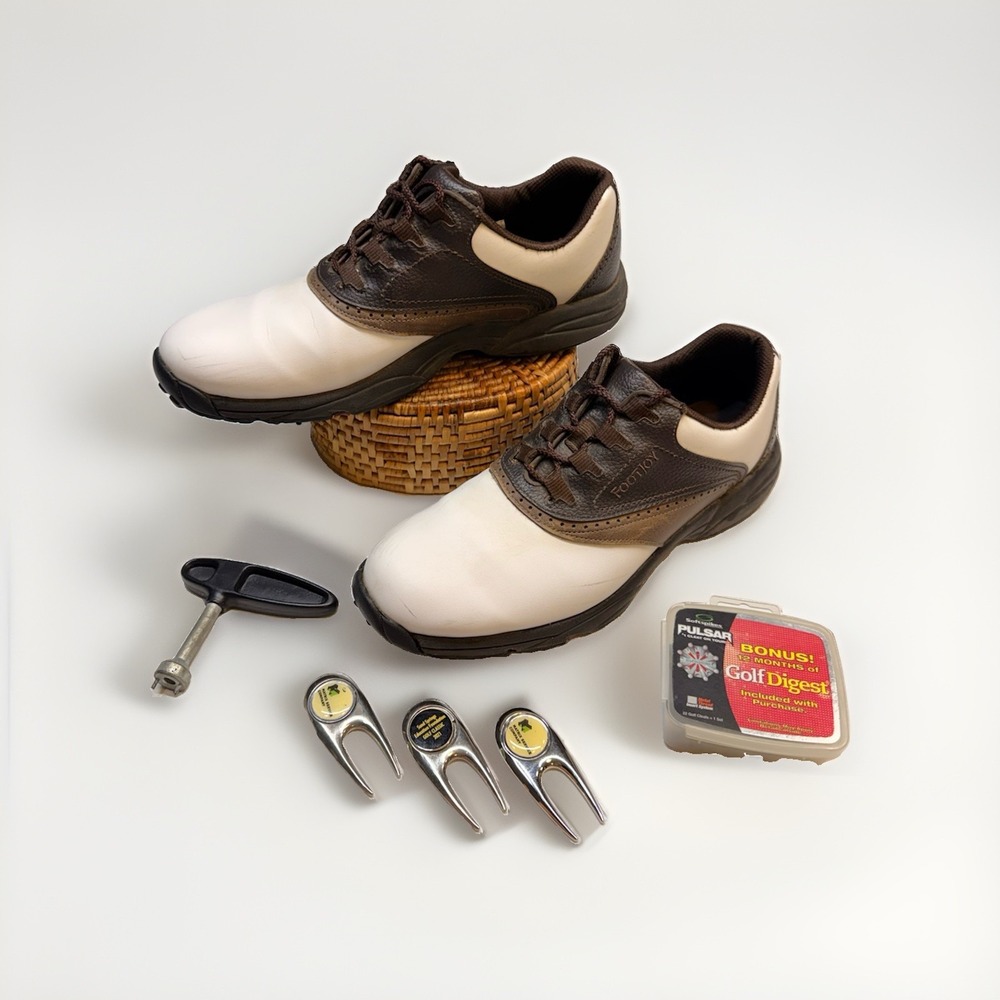 FootJoy GreenJoy Mens 11.5 M Leather Golf Shoes White W/ Brown W Cleets+Tool